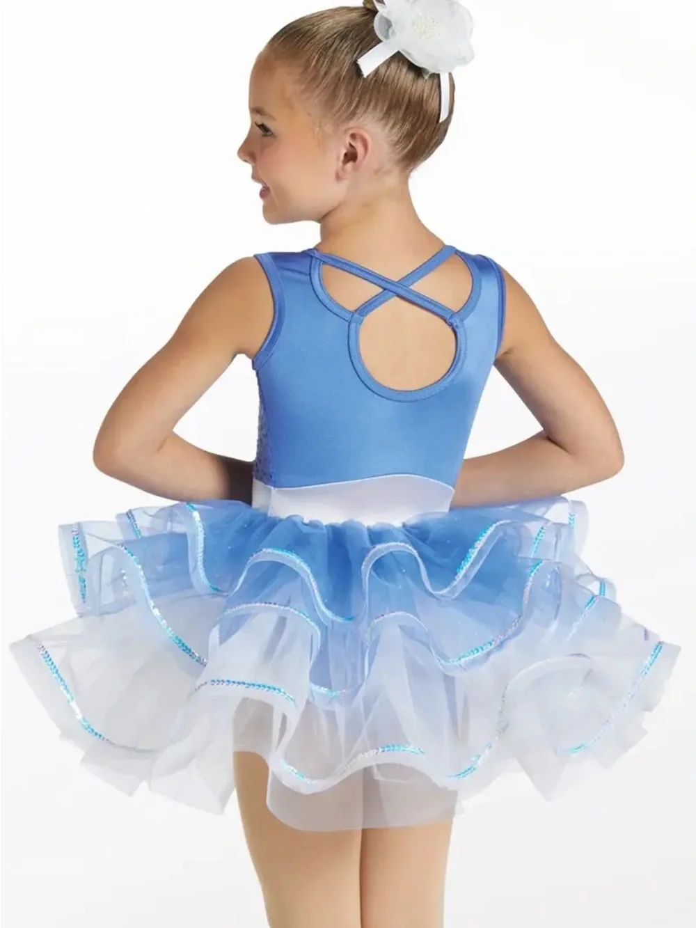 Weissman Royal Blue Sequin Tulle Dance Dress with White Flower Belt